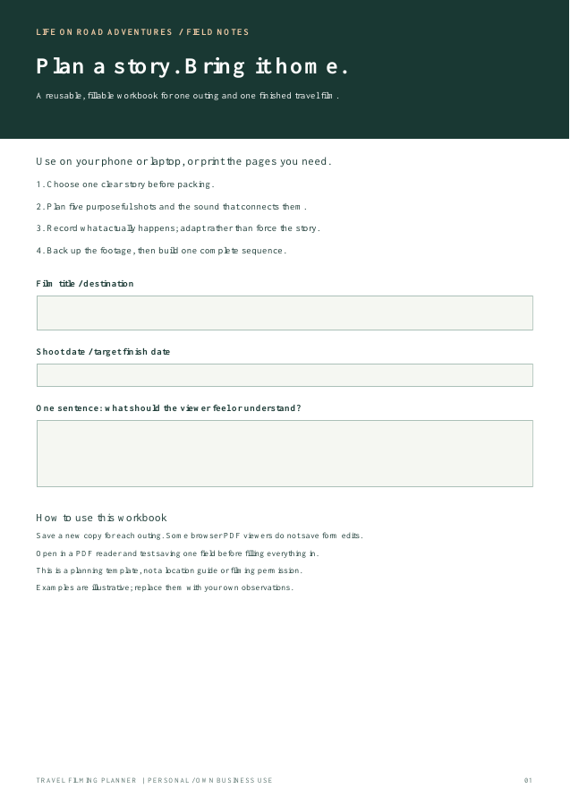 Preview of the planner opening page with editable fields for a film title, dates and story goal